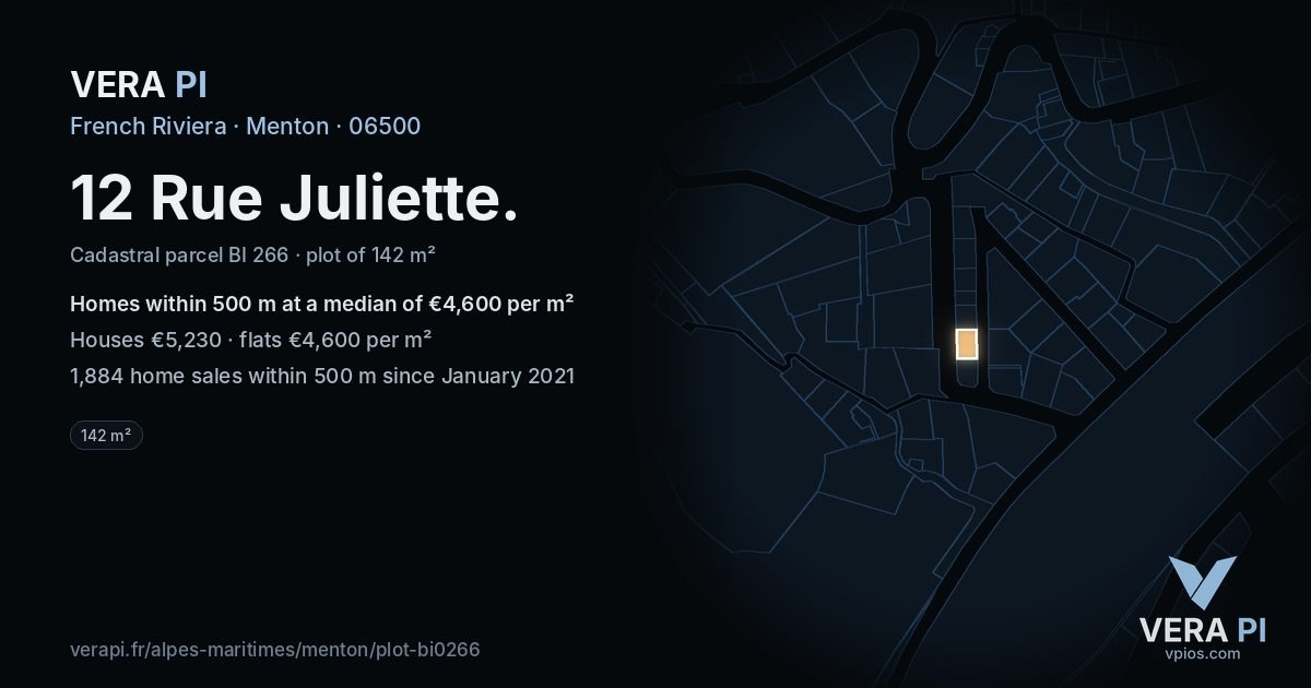 12 Rue Juliette, Menton at night – the plot lit, the parcels around coloured by the prices near them