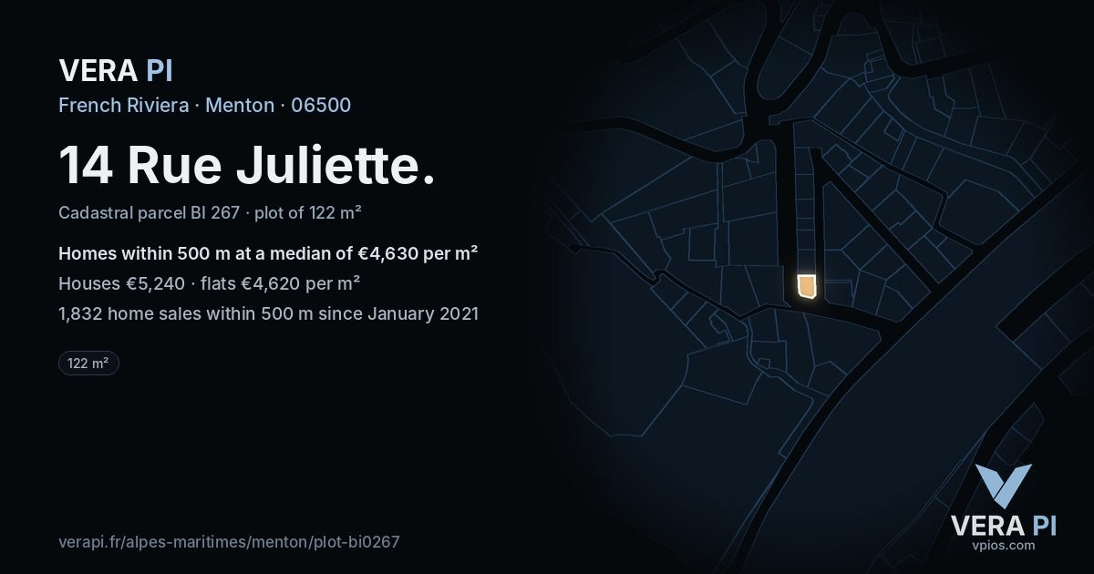 14 Rue Juliette, Menton at night – the plot lit, the parcels around coloured by the prices near them