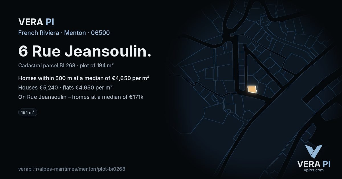 6 Rue Jeansoulin, Menton at night – the plot lit, the parcels around coloured by the prices near them