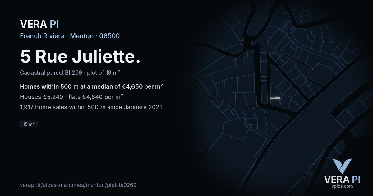 5 Rue Juliette, Menton at night – the plot lit, the parcels around coloured by the prices near them