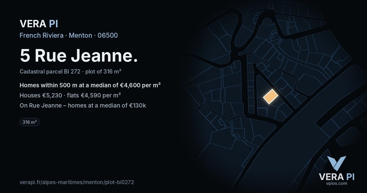 5 Rue Jeanne, Menton at night – the plot lit, the parcels around coloured by the prices near them
