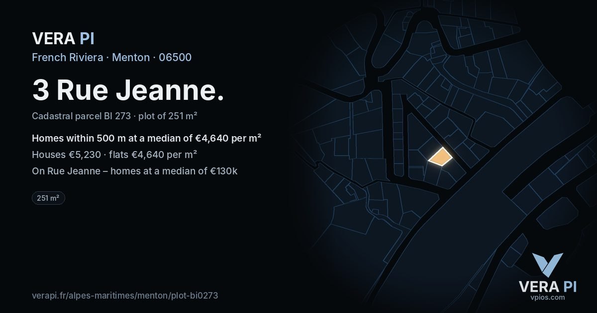 3 Rue Jeanne, Menton at night – the plot lit, the parcels around coloured by the prices near them