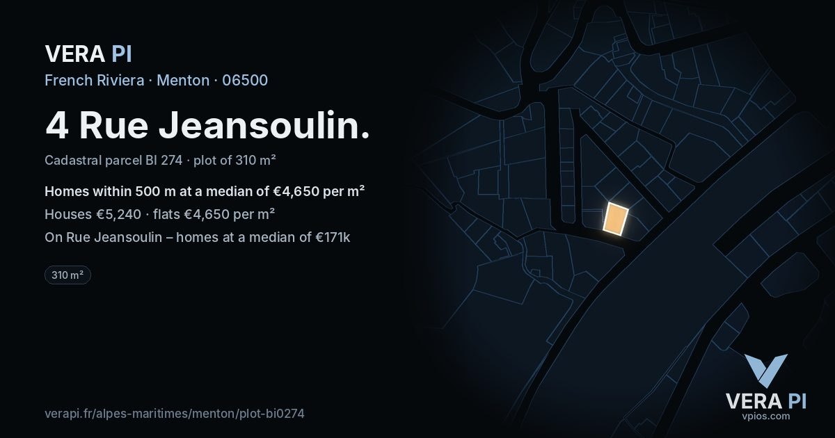 4 Rue Jeansoulin, Menton at night – the plot lit, the parcels around coloured by the prices near them