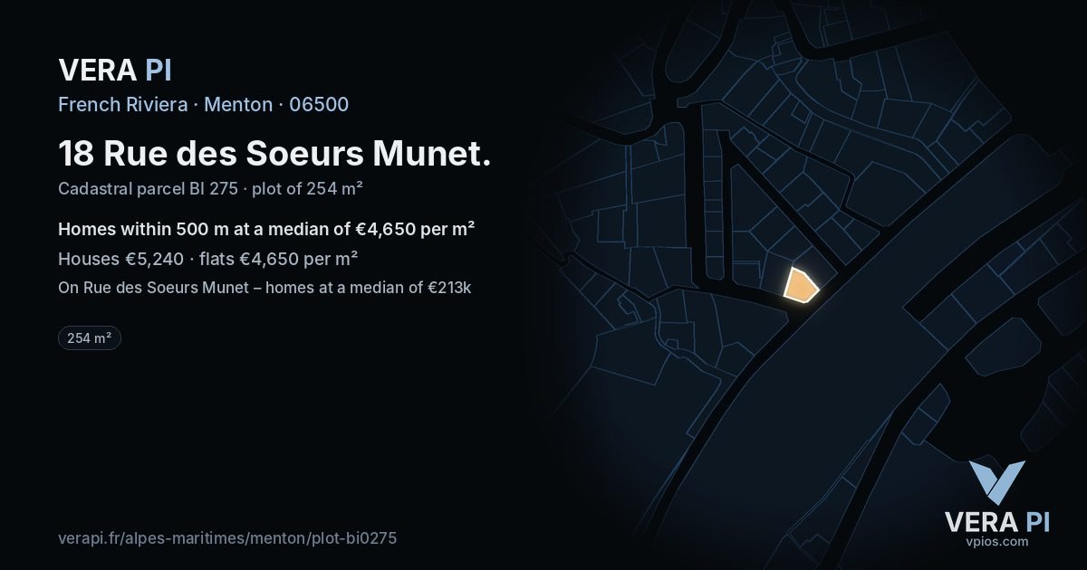 18 Rue des Soeurs Munet, Menton at night – the plot lit, the parcels around coloured by the prices near them