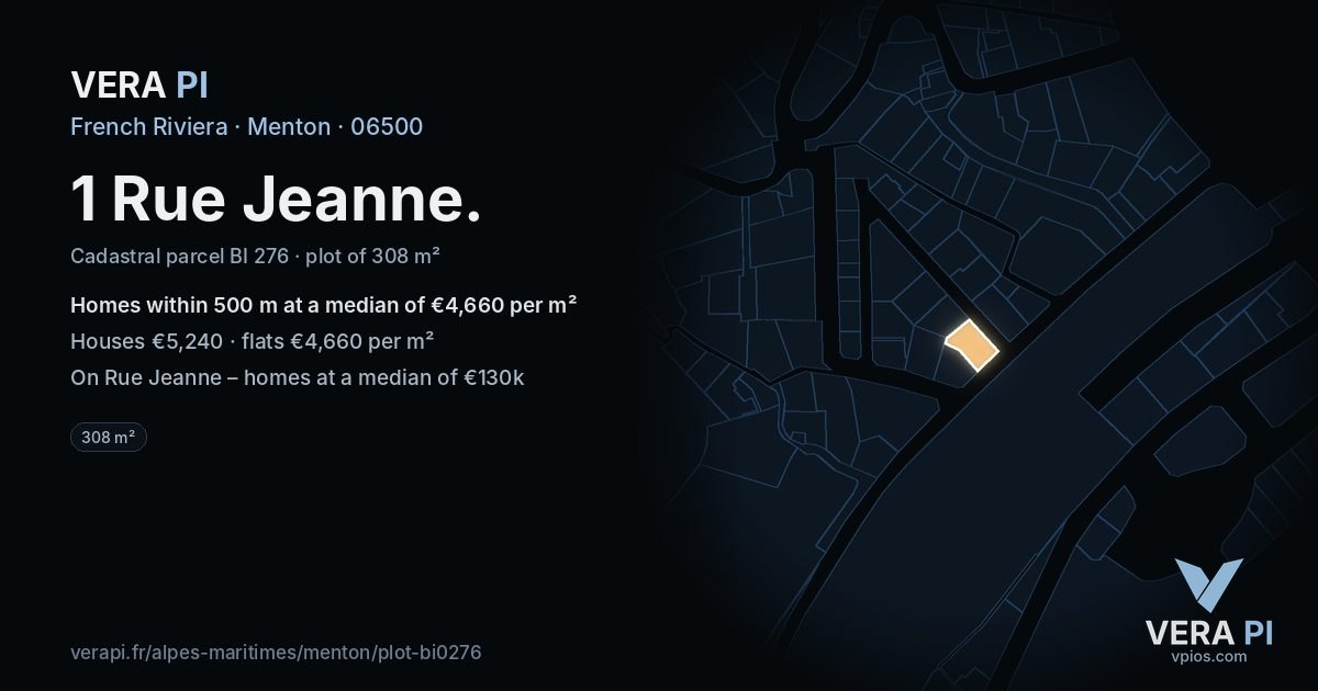 1 Rue Jeanne, Menton at night – the plot lit, the parcels around coloured by the prices near them