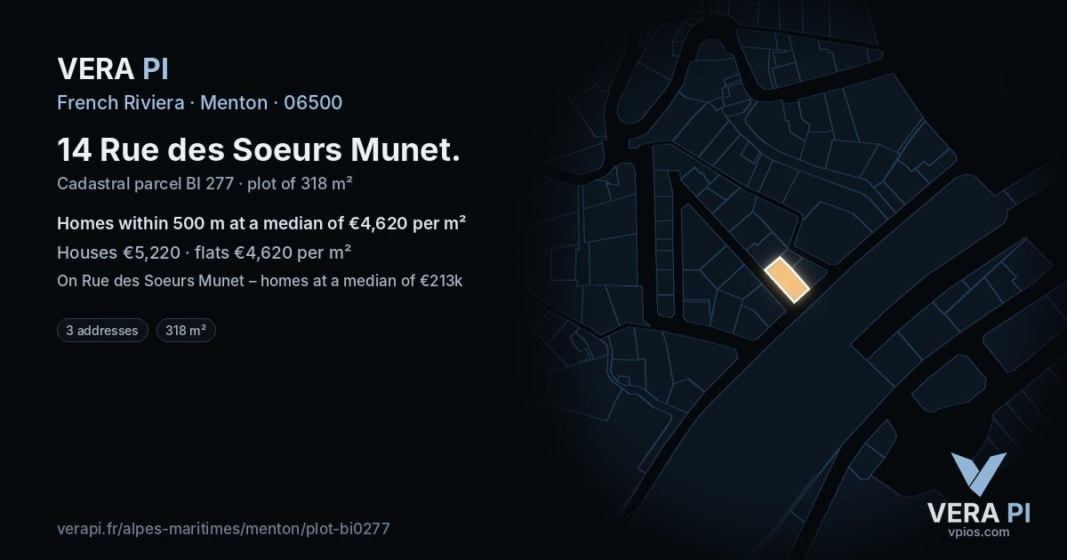 14 Rue des Soeurs Munet, Menton at night – the plot lit, the parcels around coloured by the prices near them