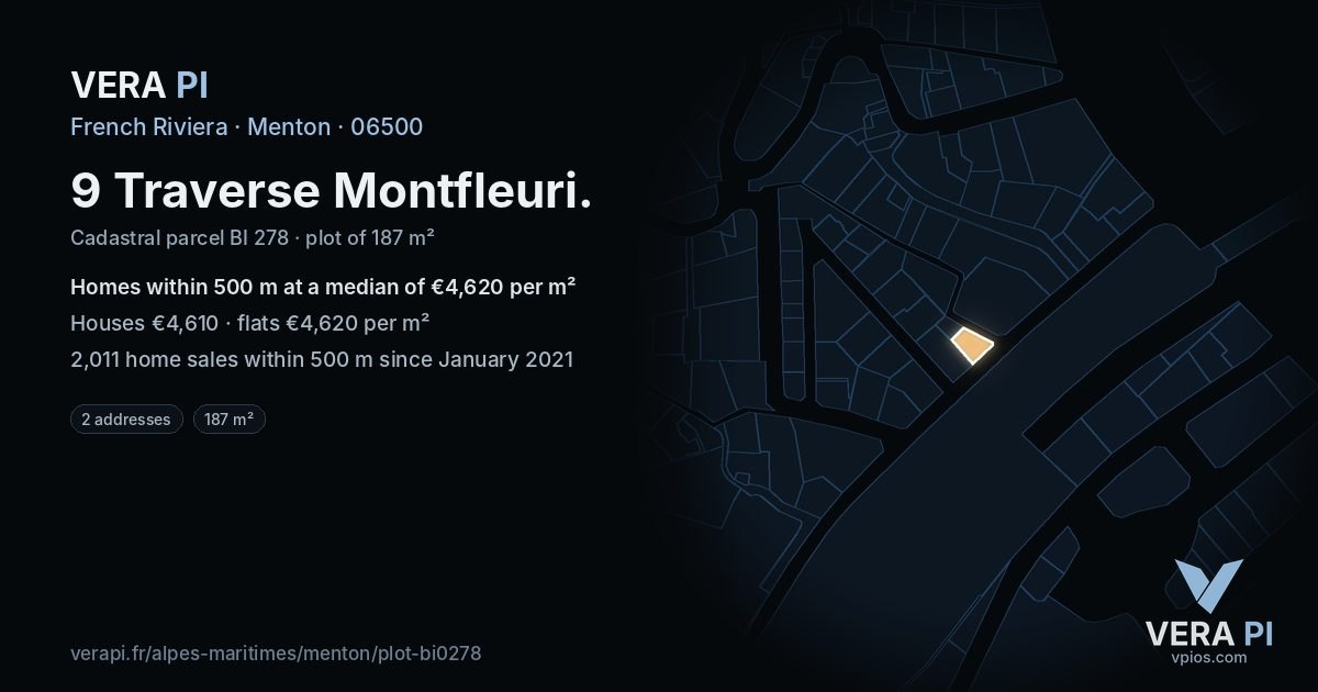 9 Traverse Montfleuri, Menton at night – the plot lit, the parcels around coloured by the prices near them