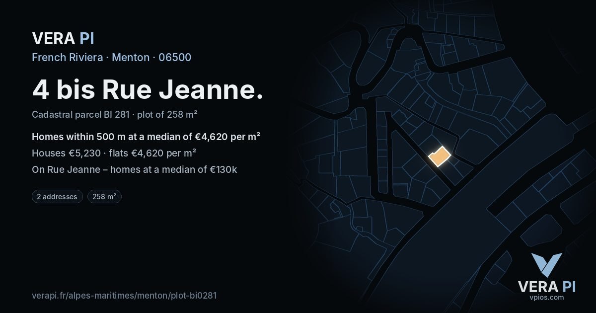 4 bis Rue Jeanne, Menton at night – the plot lit, the parcels around coloured by the prices near them