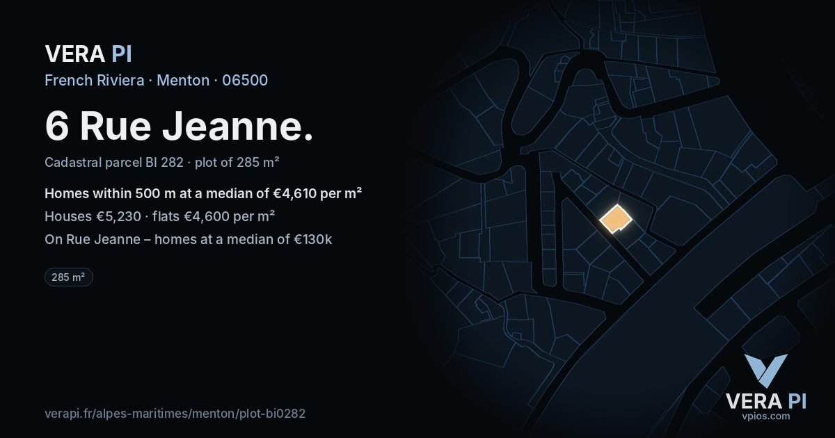 6 Rue Jeanne, Menton at night – the plot lit, the parcels around coloured by the prices near them