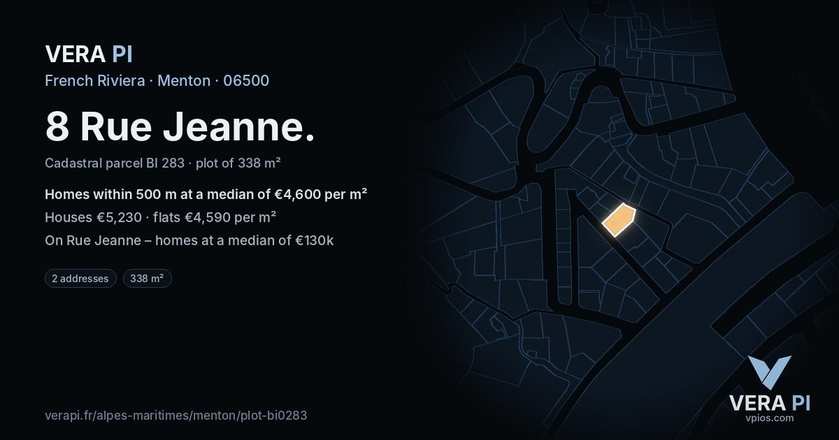 8 Rue Jeanne, Menton at night – the plot lit, the parcels around coloured by the prices near them