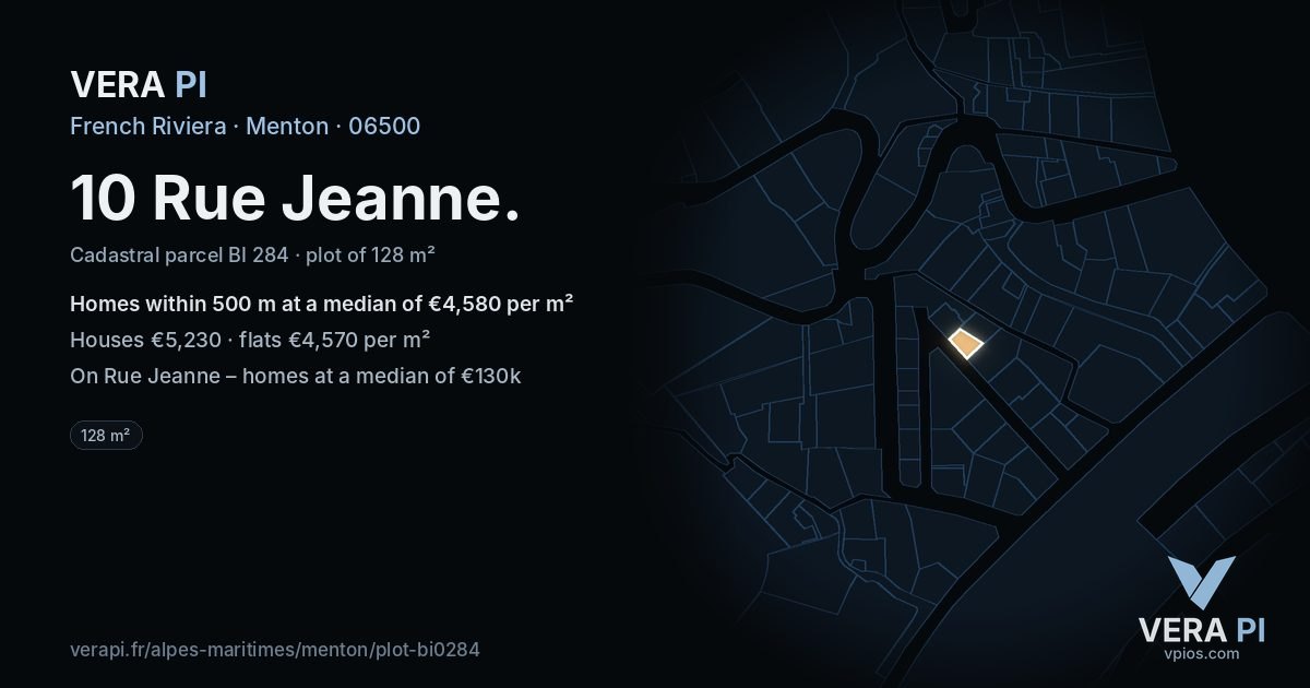 10 Rue Jeanne, Menton at night – the plot lit, the parcels around coloured by the prices near them