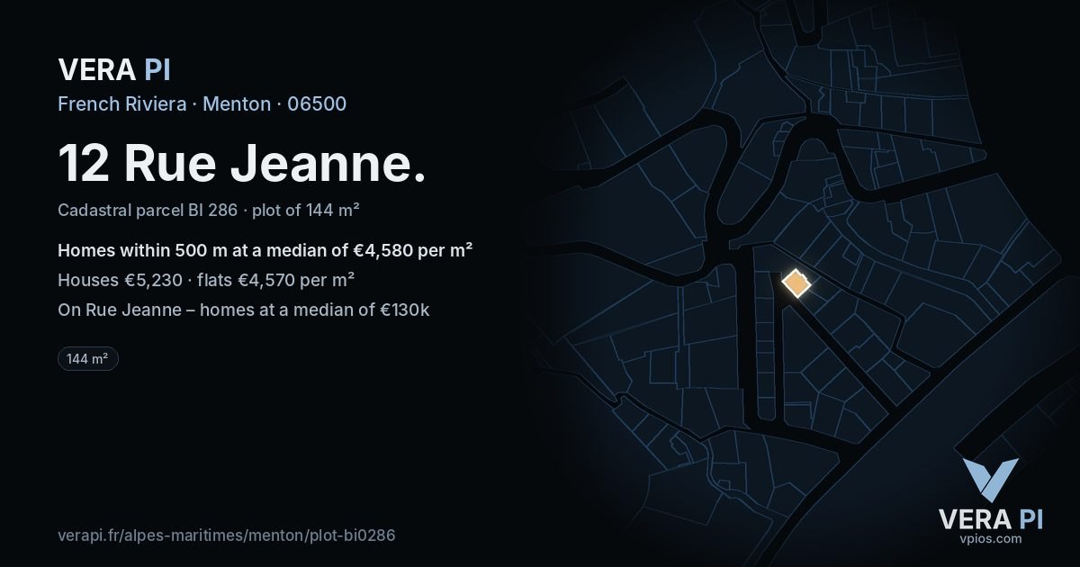 12 Rue Jeanne, Menton at night – the plot lit, the parcels around coloured by the prices near them
