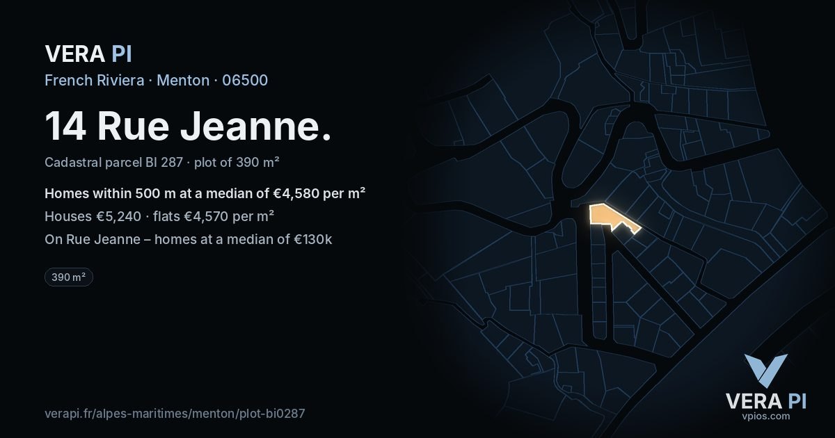 14 Rue Jeanne, Menton at night – the plot lit, the parcels around coloured by the prices near them
