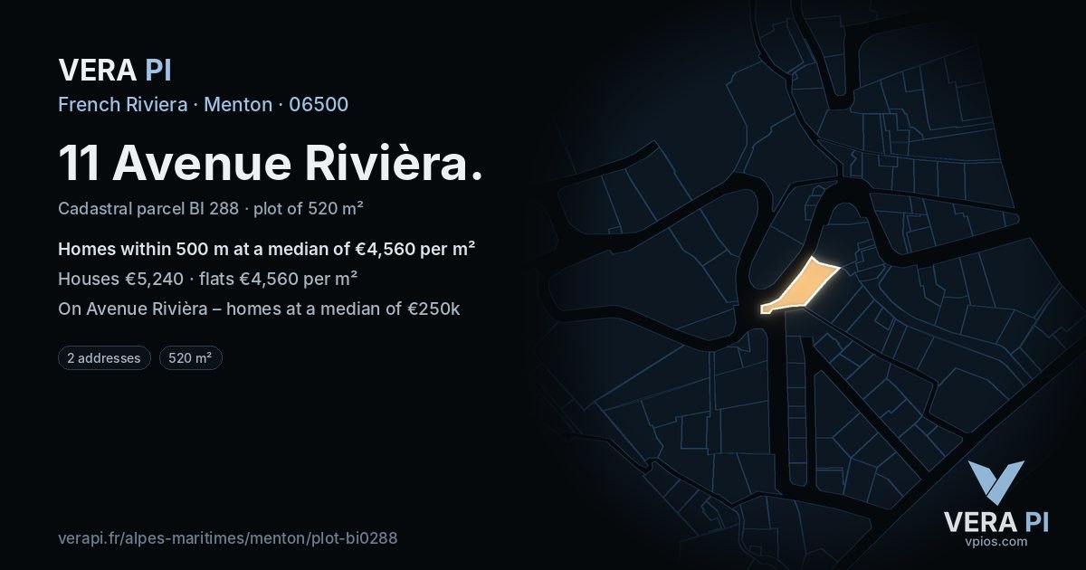 11 Avenue Rivièra, Menton at night – the plot lit, the parcels around coloured by the prices near them