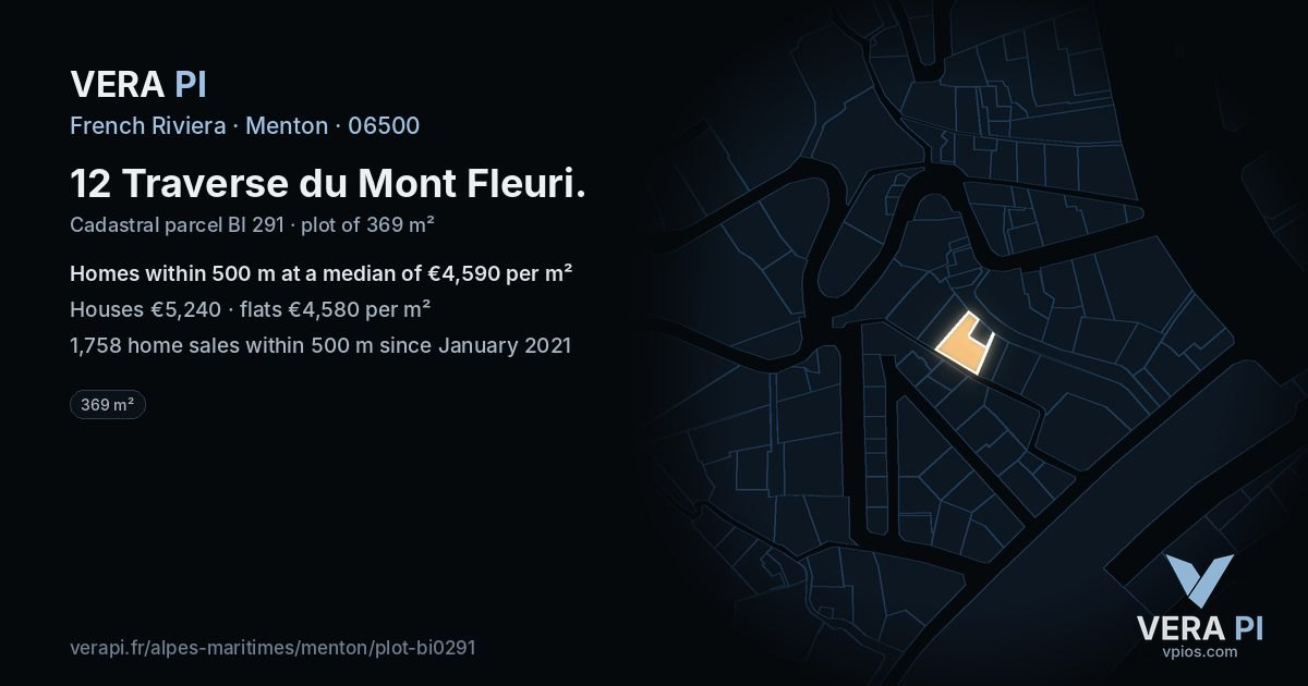 12 Traverse du Mont Fleuri, Menton at night – the plot lit, the parcels around coloured by the prices near them