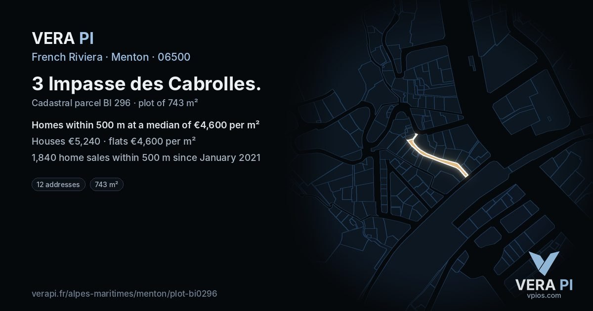 3 Impasse des Cabrolles, Menton at night – the plot lit, the parcels around coloured by the prices near them
