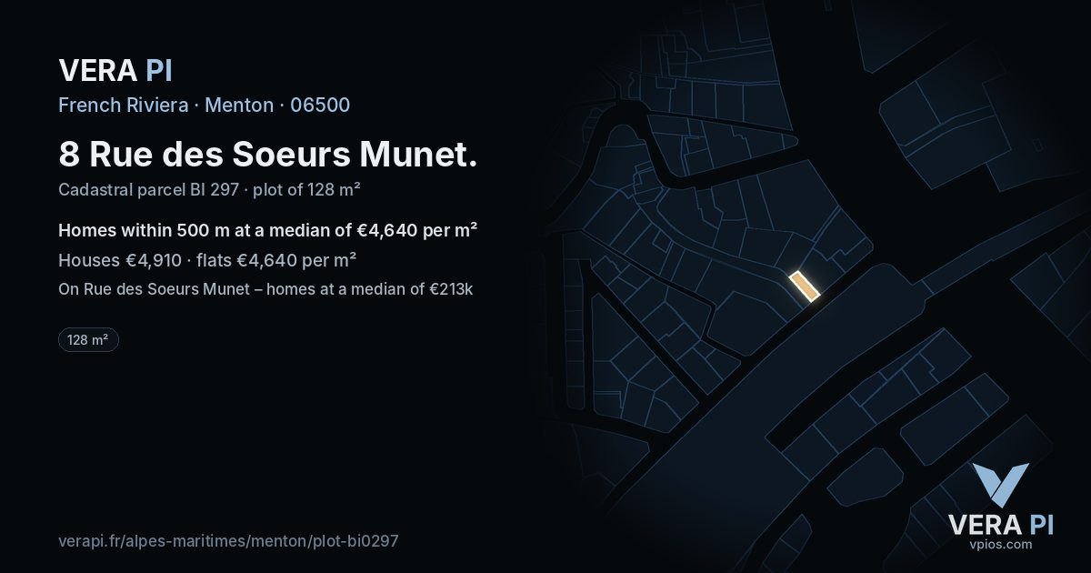 8 Rue des Soeurs Munet, Menton at night – the plot lit, the parcels around coloured by the prices near them