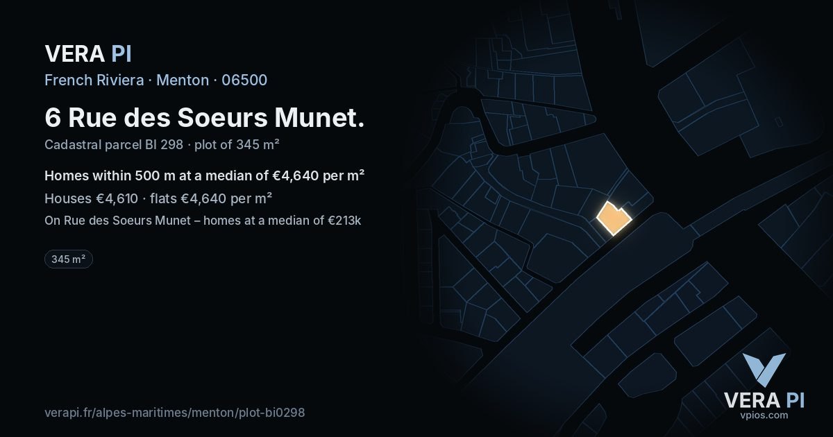 6 Rue des Soeurs Munet, Menton at night – the plot lit, the parcels around coloured by the prices near them