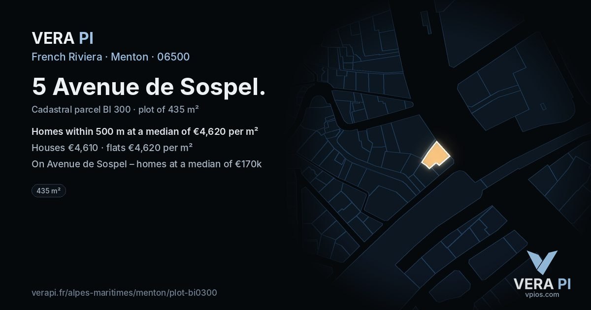 5 Avenue de Sospel, Menton at night – the plot lit, the parcels around coloured by the prices near them