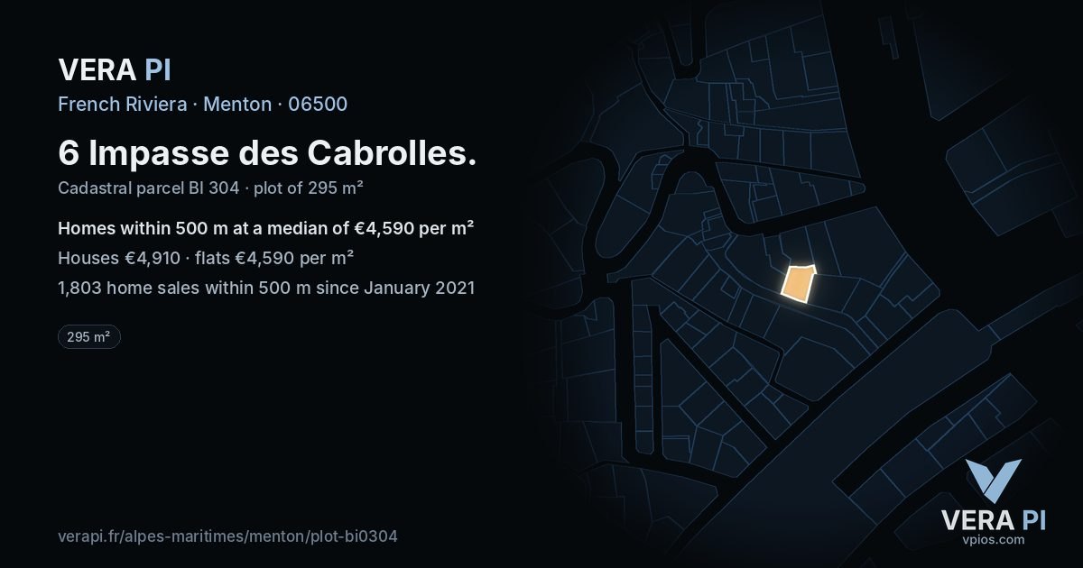 6 Impasse des Cabrolles, Menton at night – the plot lit, the parcels around coloured by the prices near them