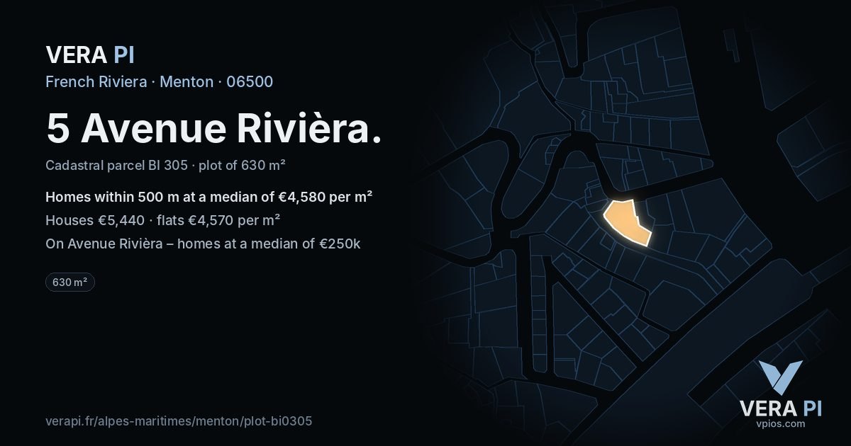 5 Avenue Rivièra, Menton at night – the plot lit, the parcels around coloured by the prices near them