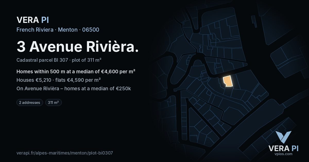 3 Avenue Rivièra, Menton at night – the plot lit, the parcels around coloured by the prices near them