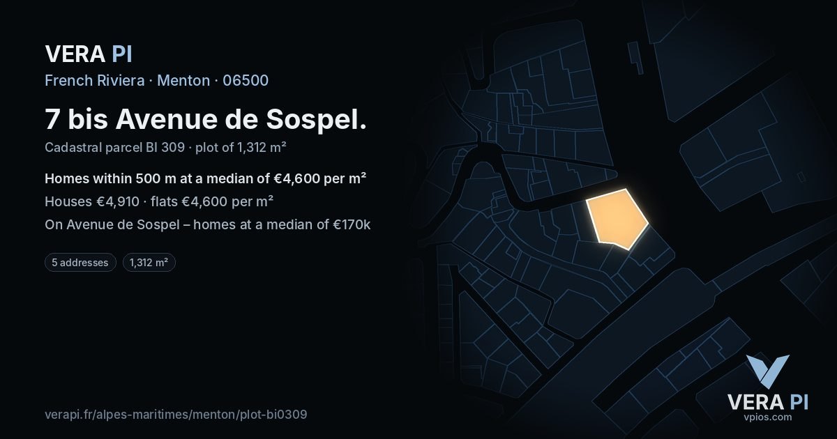 7 bis Avenue de Sospel, Menton at night – the plot lit, the parcels around coloured by the prices near them