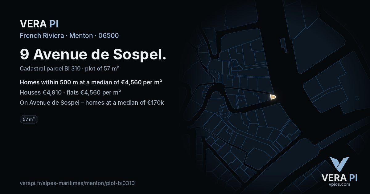9 Avenue de Sospel, Menton at night – the plot lit, the parcels around coloured by the prices near them