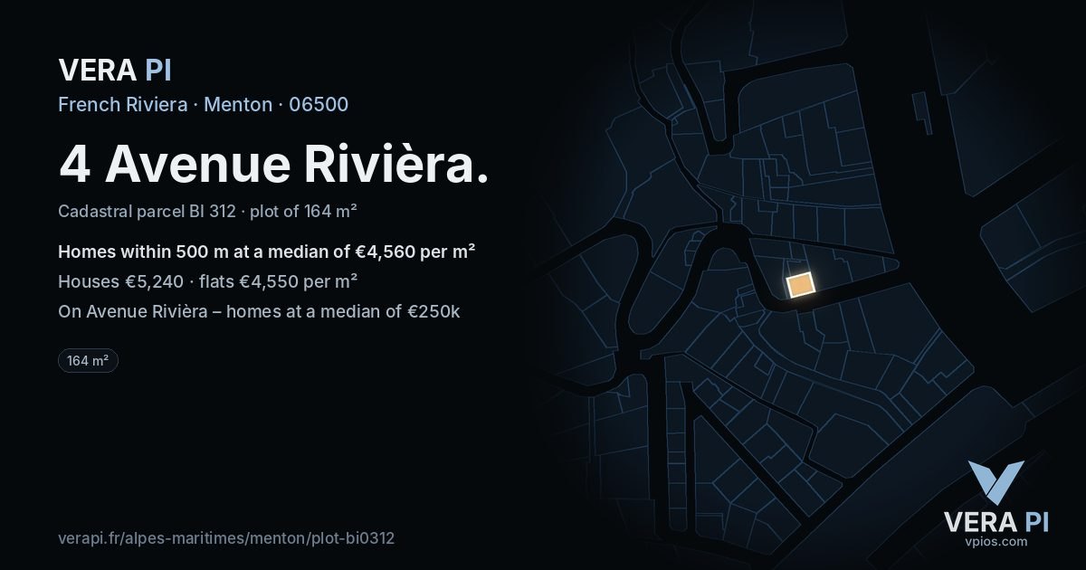 4 Avenue Rivièra, Menton at night – the plot lit, the parcels around coloured by the prices near them