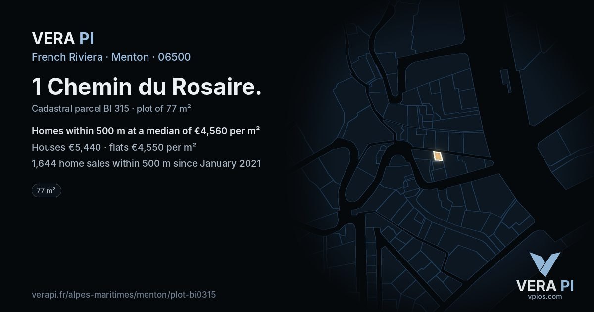 1 Chemin du Rosaire, Menton at night – the plot lit, the parcels around coloured by the prices near them