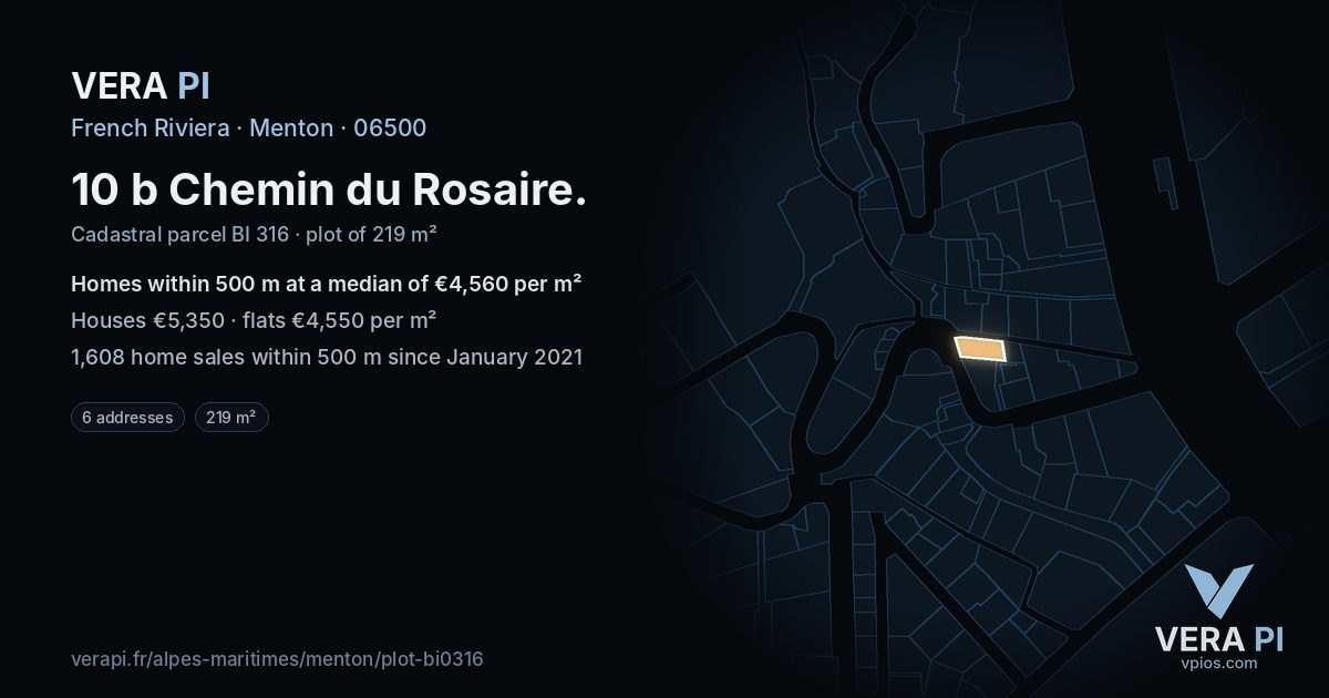 10 b Chemin du Rosaire, Menton at night – the plot lit, the parcels around coloured by the prices near them