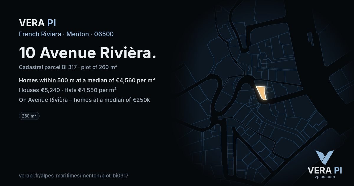 10 Avenue Rivièra, Menton at night – the plot lit, the parcels around coloured by the prices near them