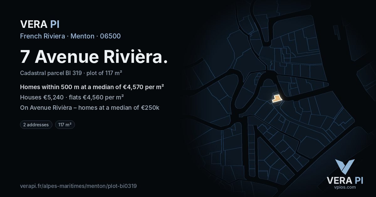 7 Avenue Rivièra, Menton at night – the plot lit, the parcels around coloured by the prices near them