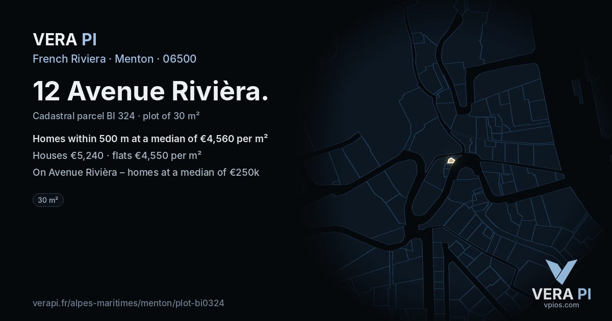 12 Avenue Rivièra, Menton at night – the plot lit, the parcels around coloured by the prices near them