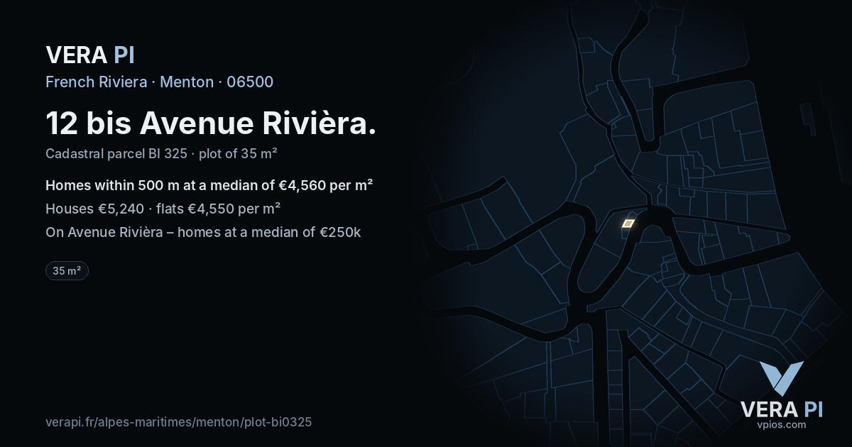 12 bis Avenue Rivièra, Menton at night – the plot lit, the parcels around coloured by the prices near them
