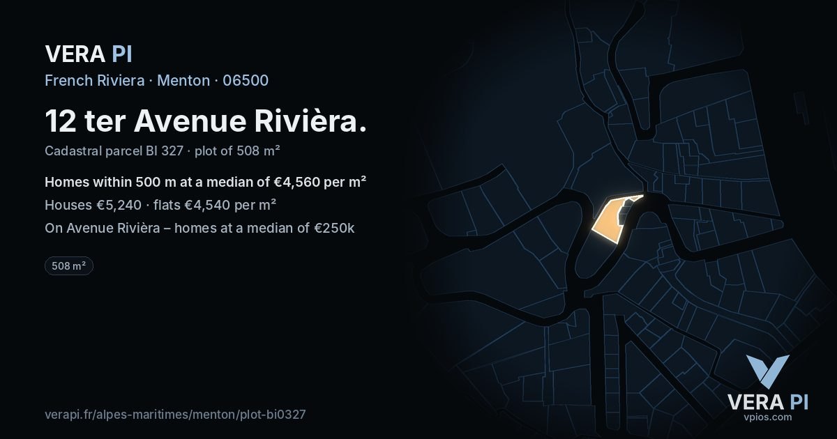 12 ter Avenue Rivièra, Menton at night – the plot lit, the parcels around coloured by the prices near them