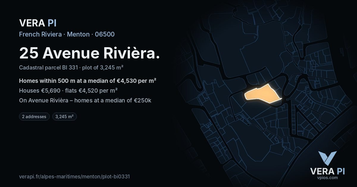 25 Avenue Rivièra, Menton at night – the plot lit, the parcels around coloured by the prices near them