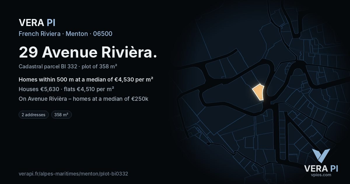 29 Avenue Rivièra, Menton at night – the plot lit, the parcels around coloured by the prices near them