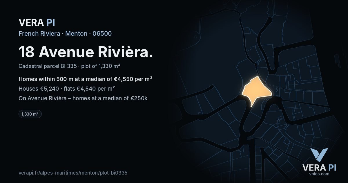 18 Avenue Rivièra, Menton at night – the plot lit, the parcels around coloured by the prices near them