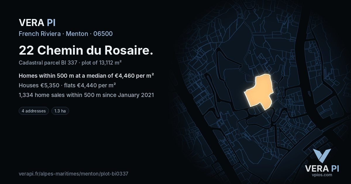 22 Chemin du Rosaire, Menton at night – the plot lit, the parcels around coloured by the prices near them