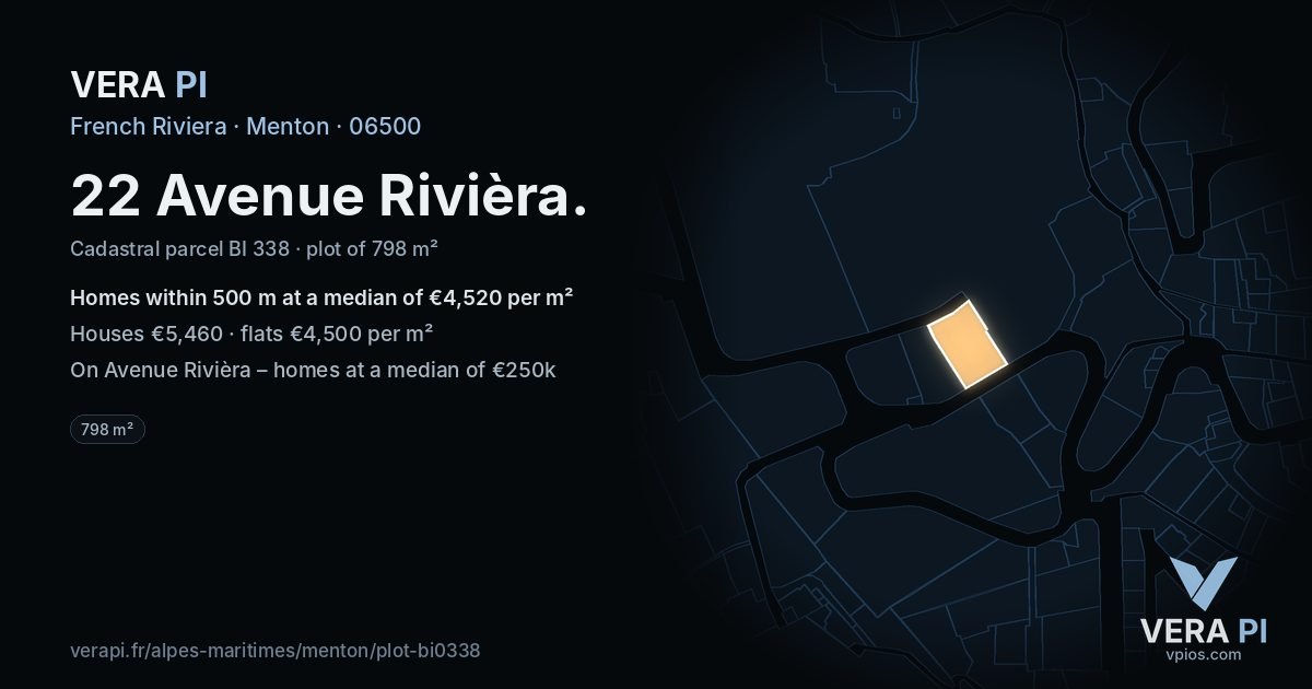 22 Avenue Rivièra, Menton at night – the plot lit, the parcels around coloured by the prices near them