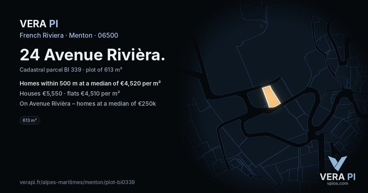 24 Avenue Rivièra, Menton at night – the plot lit, the parcels around coloured by the prices near them