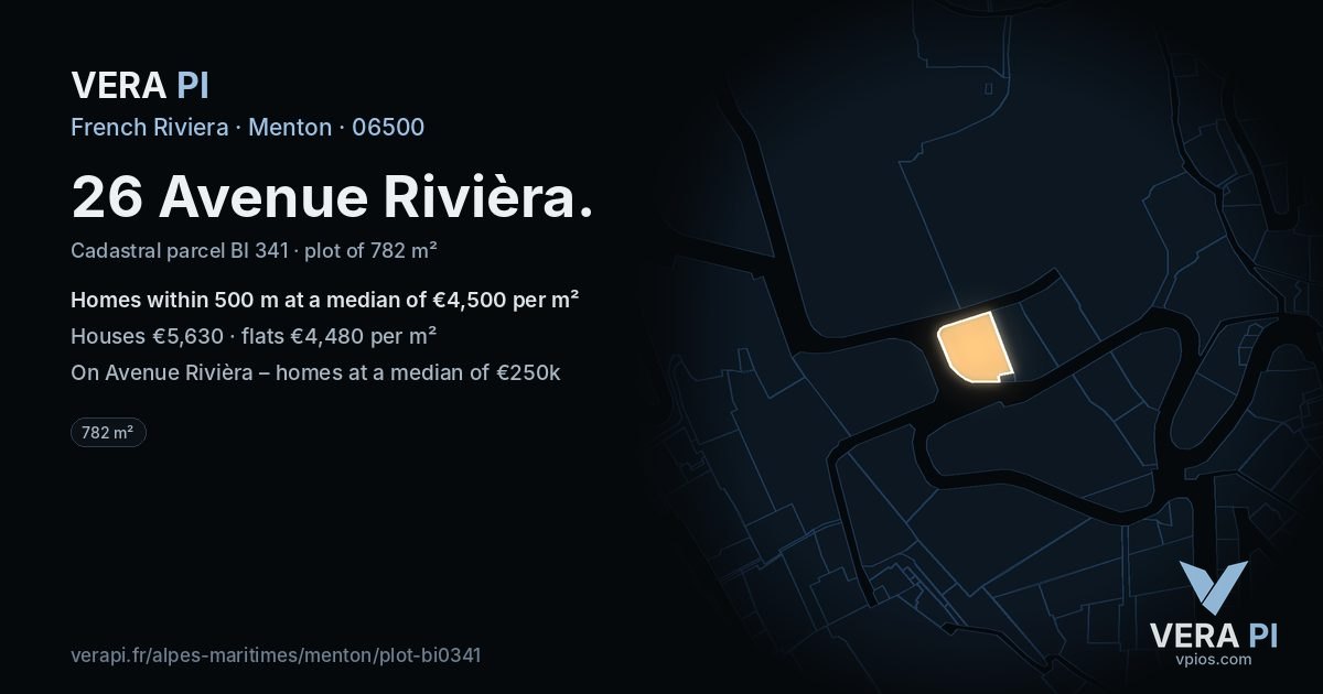 26 Avenue Rivièra, Menton at night – the plot lit, the parcels around coloured by the prices near them