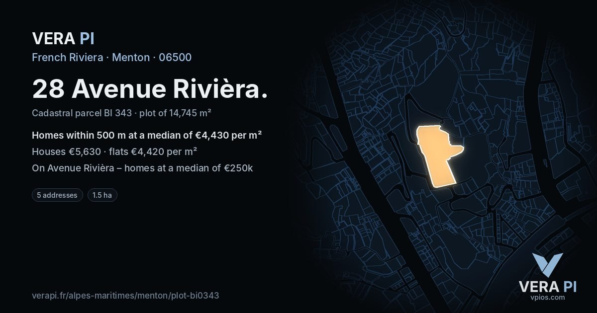 28 Avenue Rivièra, Menton at night – the plot lit, the parcels around coloured by the prices near them