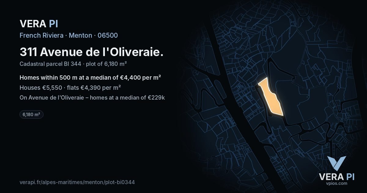 311 Avenue de l'Oliveraie, Menton at night – the plot lit, the parcels around coloured by the prices near them