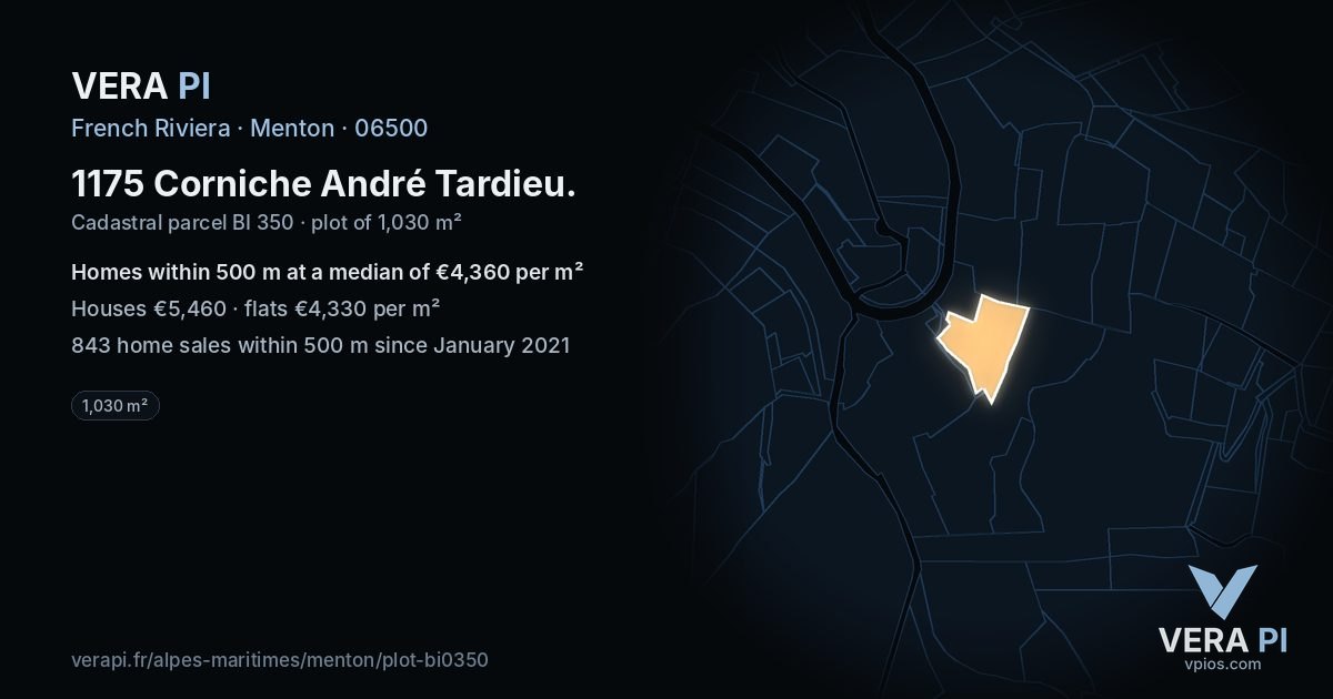 1175 Corniche André Tardieu, Menton at night – the plot lit, the parcels around coloured by the prices near them
