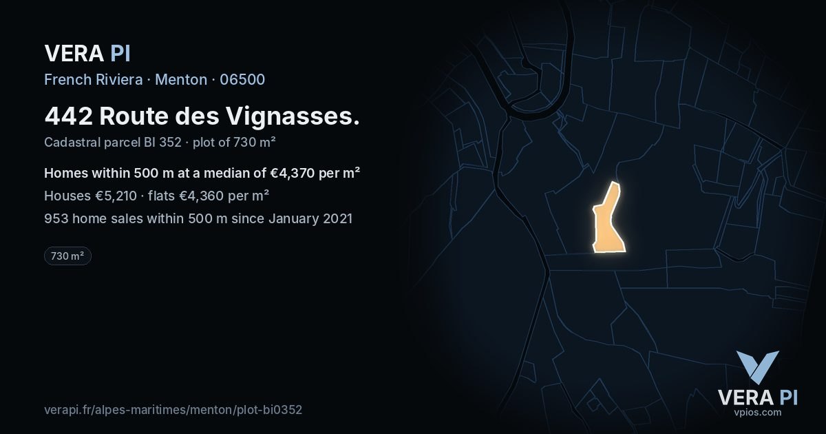 442 Route des Vignasses, Menton at night – the plot lit, the parcels around coloured by the prices near them