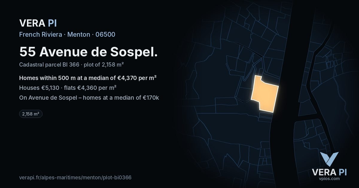 55 Avenue de Sospel, Menton at night – the plot lit, the parcels around coloured by the prices near them