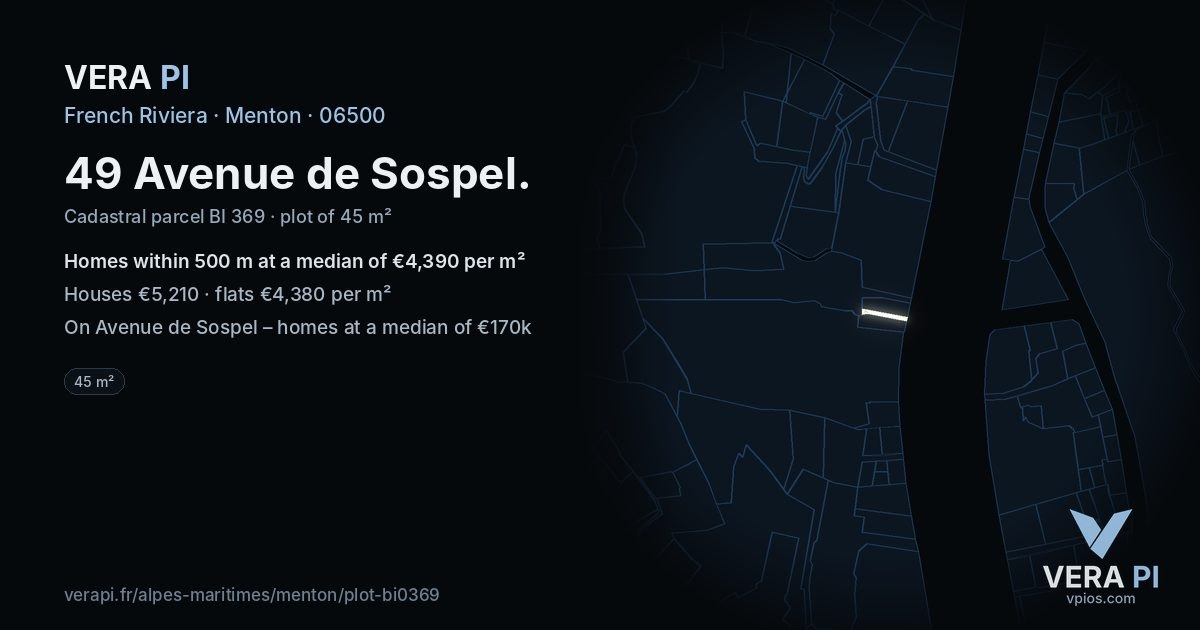 49 Avenue de Sospel, Menton at night – the plot lit, the parcels around coloured by the prices near them