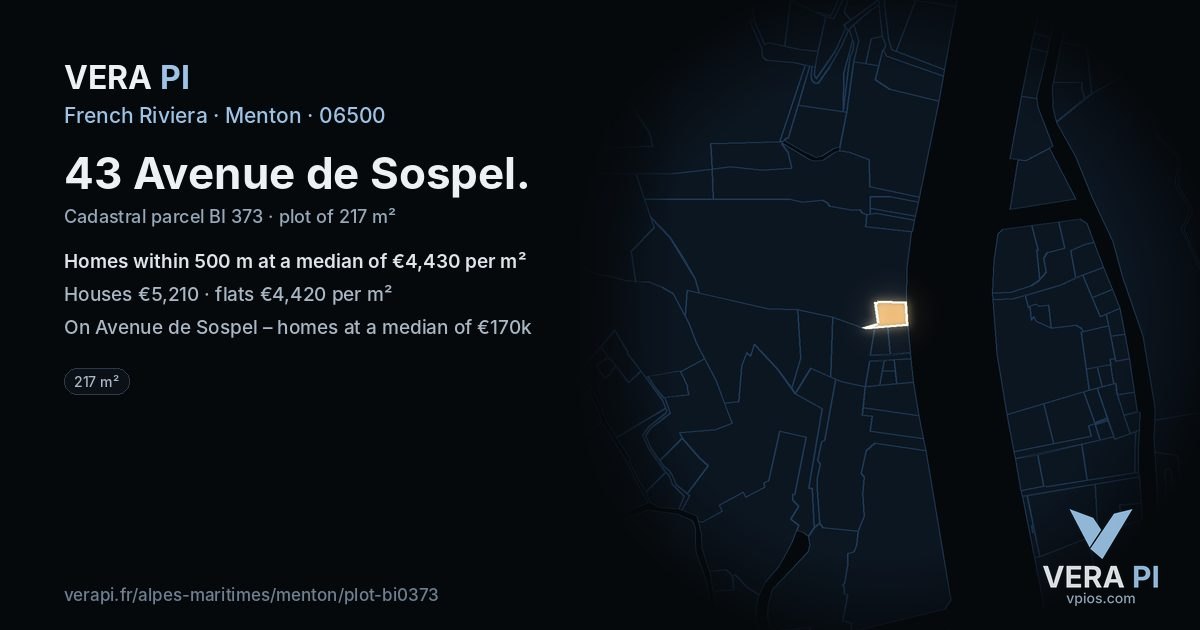 43 Avenue de Sospel, Menton at night – the plot lit, the parcels around coloured by the prices near them